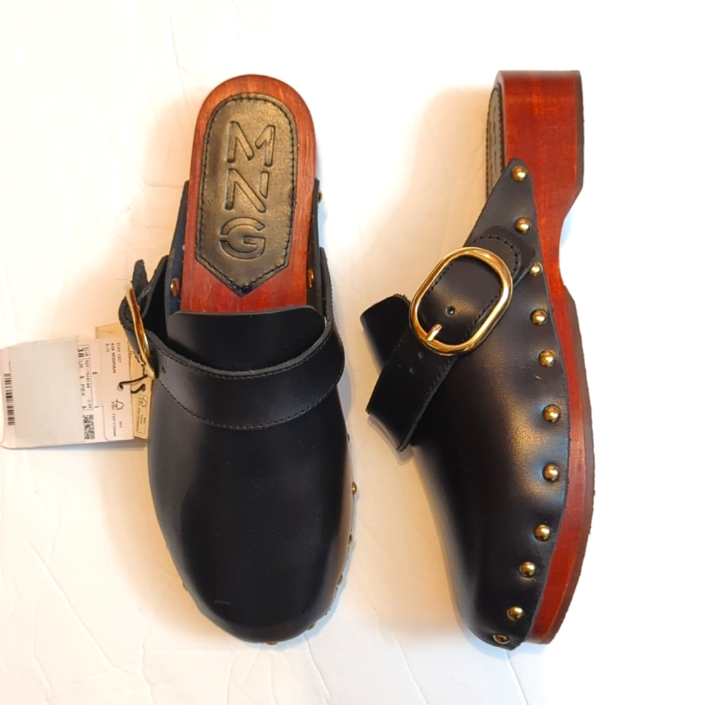 Mango Studded Leather Wood Low heel Clogs, blk-7.5, NWT, Sustainable Leather